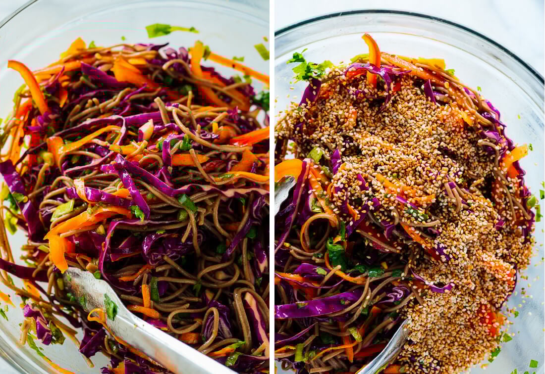 tossing sesame noodle salad