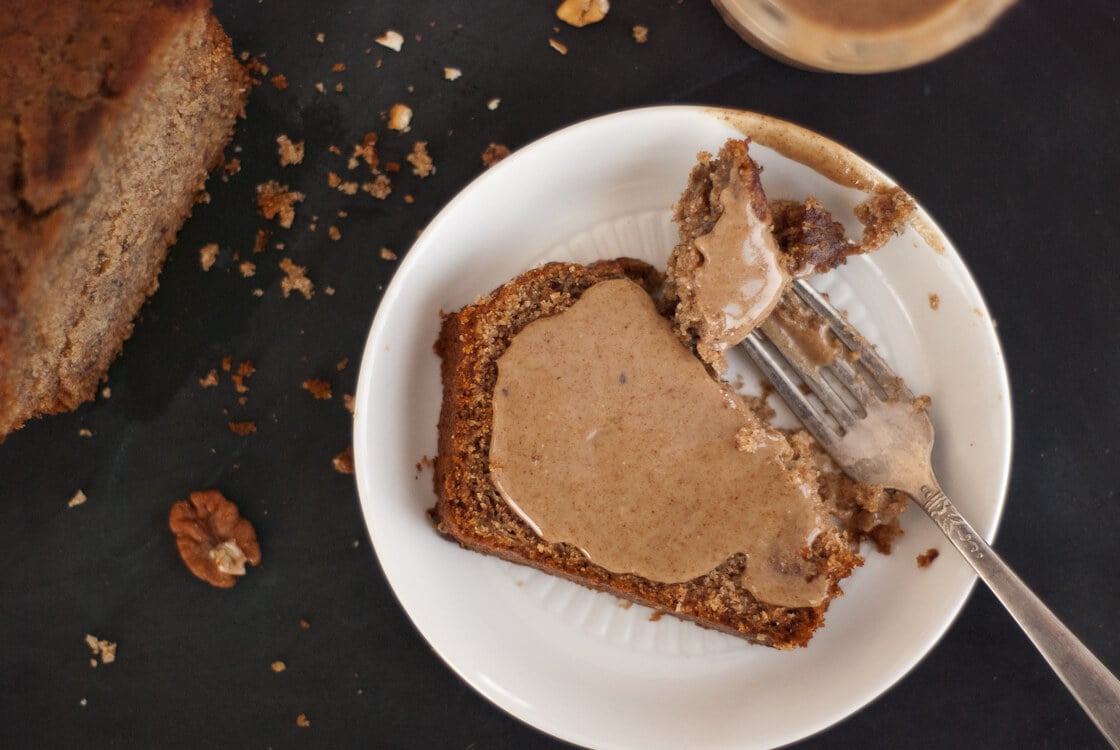 pecan butter on slice of banana bread