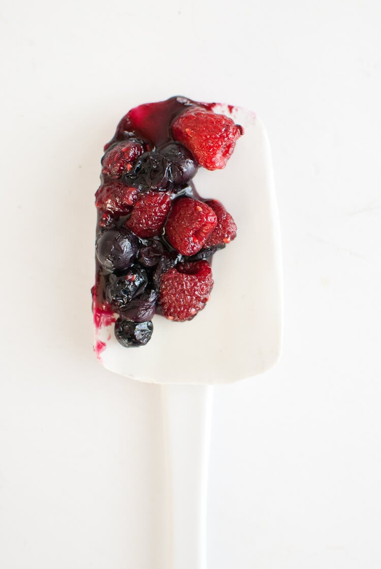 roasted blueberries and raspberries on spatula