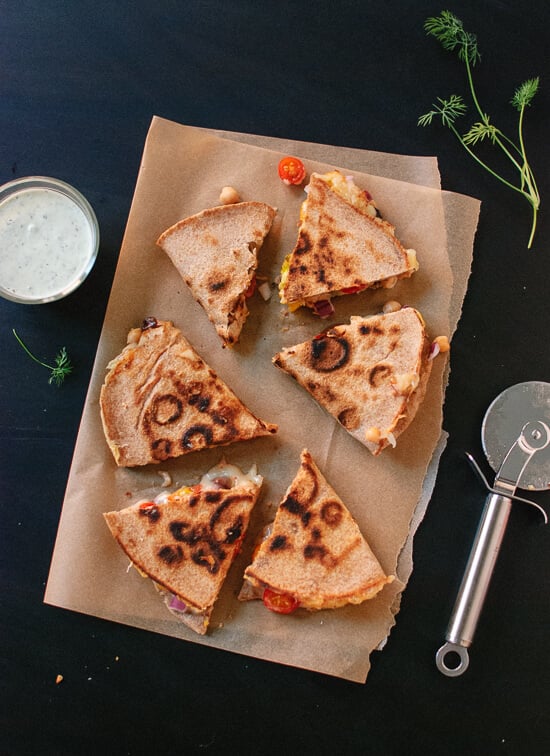 tomato, olive and chickpea quesadilla with dill yogurt dip recipe