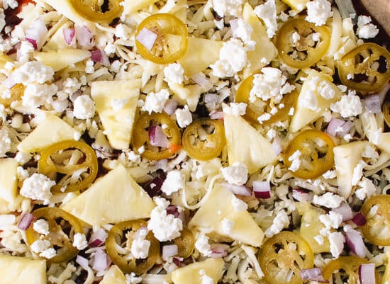 pineapple, jalapeno, barbecue and feta pizza