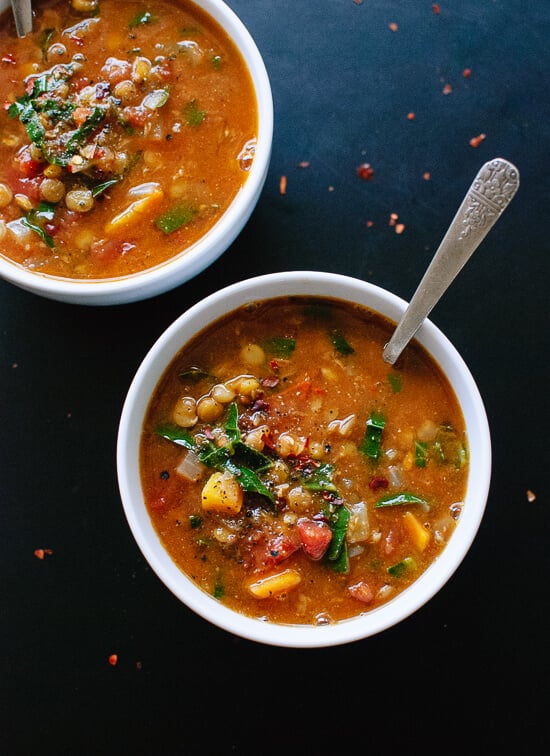 This healthy, Mediterranean-flavored lentil soup is made with (mostly) pantry ingredients! Vegan and gluten free. cookieandkate.com