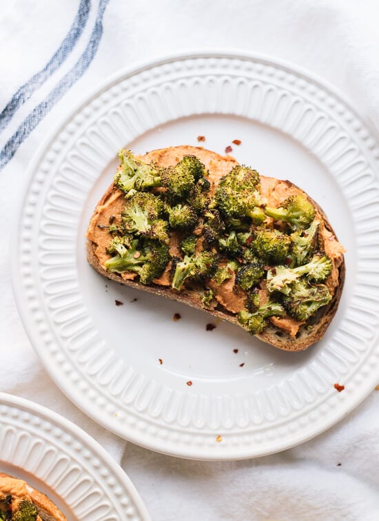 Roasted broccoli crostini with sun-dried tomato hummus - cookieandkate.com