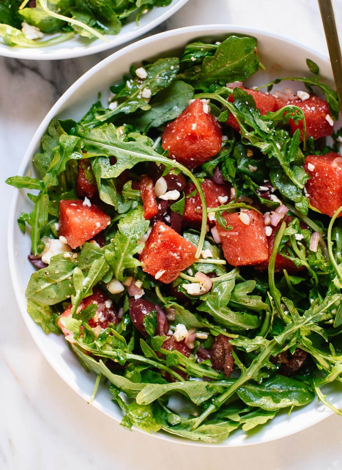 Sweet and savory arugula watermelon salad recipe with tangy feta - cookieandkate.com