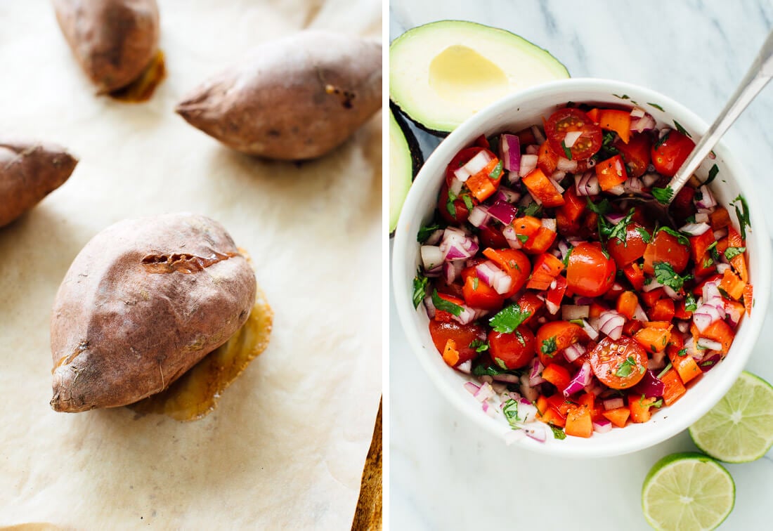 baked sweet potatoes and cherry tomato pico de gallo