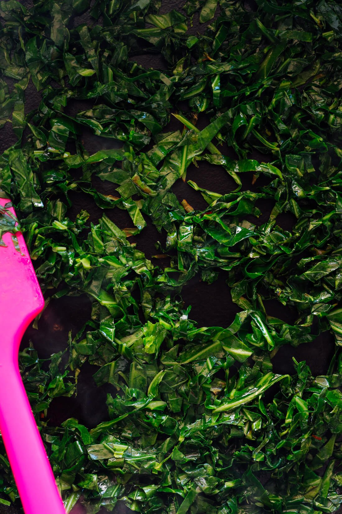 close-up of Brazilian collard greens in skillet