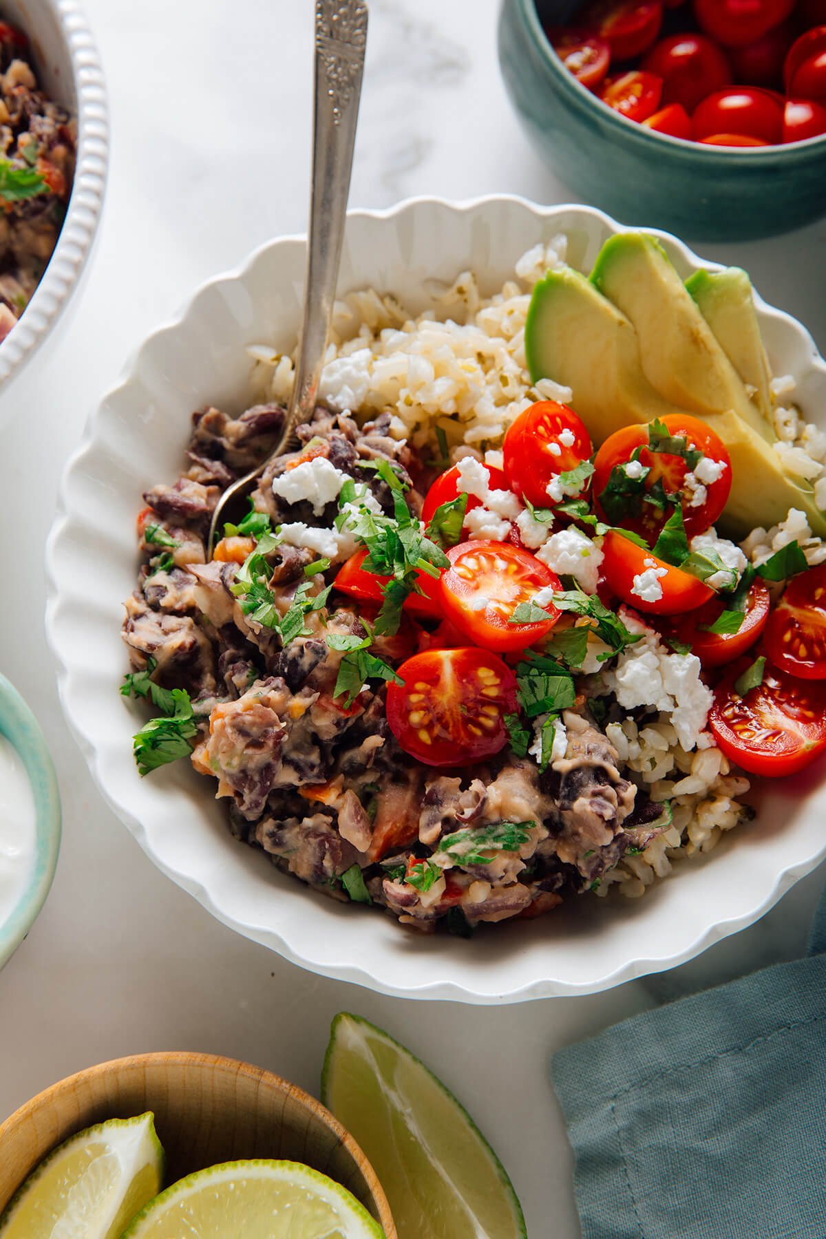 refried black beans in burrito bowl